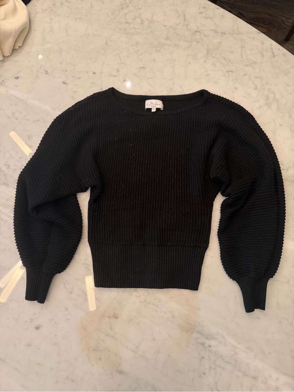 L'Academie Black Ribbed Balloon-Sleeve Crewneck Sweater